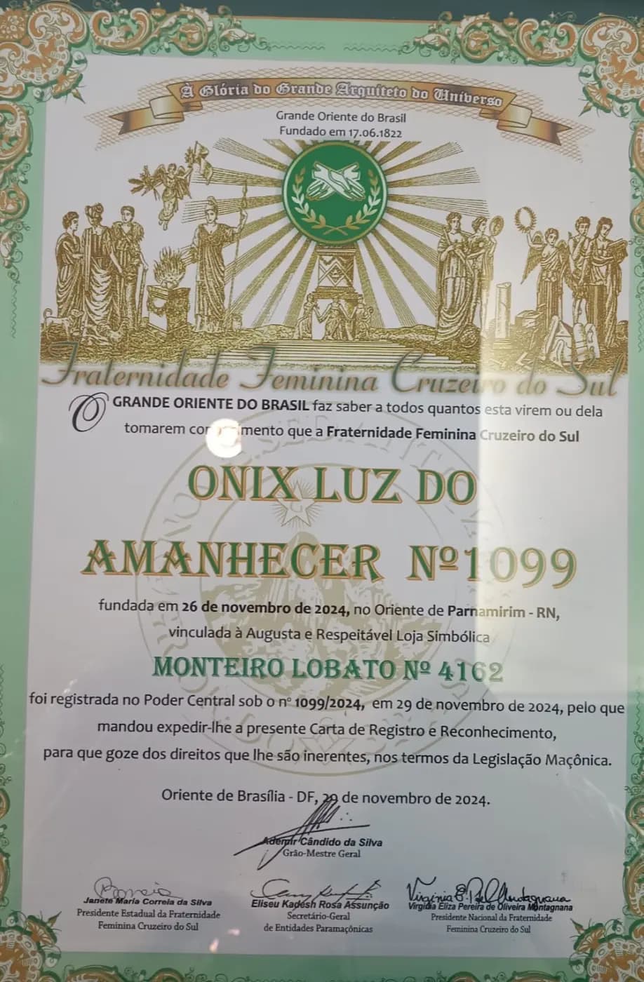 Registro fotográfico: SESSÃO MAGNA PÚBLICA DE ANIVERSÁRIO DE 14 (QUATORZE) ANOS DE FUNDAÇÃO DA LOJA MAÇÔNICA MONTEIRO LOBATO Nº 4162, ORIENTE DE PARNAMIRIM-RN, DE ENTREGA DA CARTA DE REGISTRO E RECONHECIMENTO DA FRAFEM ONIX LUZ DO AMANHECER E EM COMEMORAÇÃO AO DIA DAS MÃES.