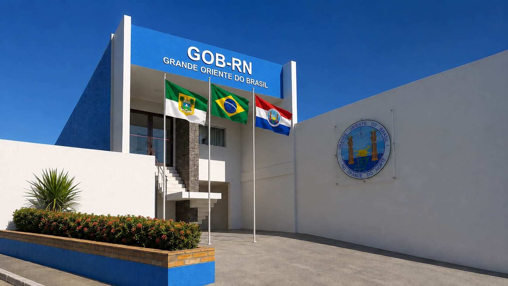 Fachada da sede do Grande Oriente do Brasil – Rio Grande do Norte, com as bandeiras do Estado, do Brasil e da Ordem
